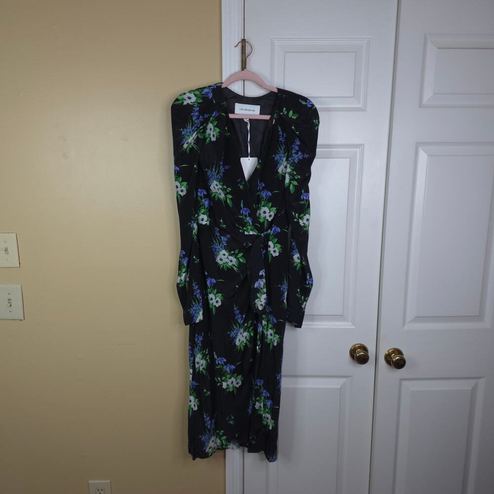 Les Rêveries Silk Floral V-Neck Midi Dress in Black Bluebell Print Size 12